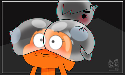 accessory anthro areola big_breasts breasts duo female hair_accessory huge_breasts male nipples nude simple_background smile these_aren't_my_glasses translucent young toongrowner cartoon_network the_amazing_world_of_gumball carrie_krueger darwin_watterson fish ghost humanoid marine spirit