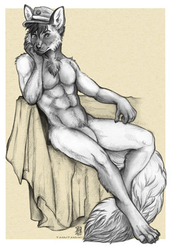 anthro chest_tuft clothing facial_hair flaccid genitals goatee hat hat_only headgear headgear_only headwear headwear_only looking_at_viewer male male_anthro mostly_nude mostly_nude_anthro mostly_nude_male muscular muscular_anthro muscular_male penis sitting solo tail tuft tanutanuki canid canine fox mammal 2018
