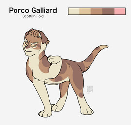 ambiguous_gender brown_body brown_fur brown_hair feral feral_with_hair feralized fur hair looking_aside paws quadruped raised_paw simple_background solo tan_body tan_eyes tan_fur text white_background white_body white_fur silveyytm attack_on_titan porco_galliard domestic_cat felid feline felis mammal scottish_fold 2019 english_text male_(lore)