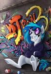 2014 alley blue_hair blue_sclera bottomless clothed clothing cutie_mark digital_media_(artwork) equid equine eyewear featureless_crotch female feral friendship_is_magic fur glasses graffiti hair hand_in_pocket hands_in_both_pockets hasbro hoodie hooves horn looking_away mammal multicolored_hair my_little_pony mythological_creature mythological_equine mythology paint pink_eyes pockets purple_clothing purple_topwear sitting smug solo sophiecabra spray_paint sunglasses topwear two_tone_hair unicorn vinyl_scratch_(mlp) white_body white_fur
