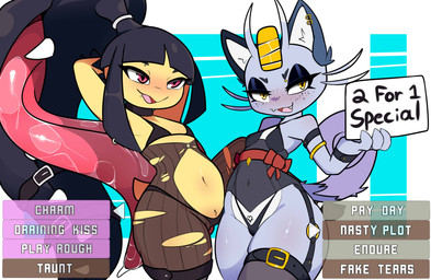 anthro armlet blush clothed clothing duo eyelashes eyeshadow female freckled_face freckles glistening_eyelids legband legwear long_eyelashes makeup multicolored_body o-ring open_mouth panties pupils smile tail text thick_thighs thigh_highs thighband torn_clothing underwear yellow_body yttriumi2f nintendo pokemon alolan_form alolan_meowth generation_3_pokemon generation_7_pokemon mawile pokemon_(species) regional_form_(pokemon) absurd_res english_text hi_res