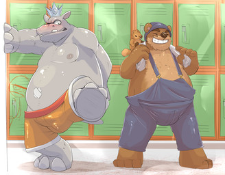 anthro anthrofied blush bottomwear brown_body brown_fur bulge clothed clothing crown duo eyes_closed fur headgear headwear locker locker_room looking_at_viewer male muscular nipples pants pecs slightly_chubby standing teeth towel hollonut nintendo punch-out!! bear_hugger king_hippo bear common_hippopotamus hippopotamid mammal rodent sciurid tree_squirrel