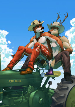 anal anal_fluids anal_juice_on_dildo anal_masturbation anal_penetration anthro antlers anus balls bodily_fluids boots butt clenched_teeth clothing cowboy_boots cowboy_hat crouching crouching_over_dildo dildo dildo_in_ass dildo_insertion duo erection facial_hair footwear from_behind_position fur genital_fluids genitals goatee half-closed_eyes hat headgear headwear horn legwear looking_at_another looking_back male male/male male_penetrated male_penetrating male_penetrating_male masturbating_while_penetrating masturbation mostly_nude muscular muscular_anthro muscular_male mustache narrowed_eyes nude object_in_ass outside_masturbation outside_sex penetration penile penile_penetration penis sex sex_toy sex_toy_in_ass sex_toy_insertion shoes smile spread_legs spreading tail teeth text tractor vehicle lorenzobrezo john_deere bucker canid canine canis coyote deer mammal digital_media_(artwork) hi_res