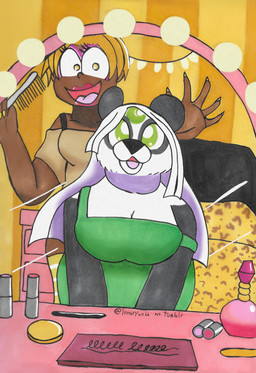 alternate_hairstyle animal_print anthro bedroom black_body black_fur black_nose blonde_hair breasts cheetah_print cleavage clothed clothing colored_nails comb compact dresser duo eyelashes eyeliner eyeshadow female female/female fingernails fur fur_markings furniture green_eyes hair inside interspecies_romance light lipstick long_fingernails makeup makeup_kit markings mascara mirror mirror_reflection nails perfume_bottle pillow pink_eyeliner pink_eyeshadow reflection round_ears selfship shirt slightly_chubby smile string_lights tank_top topwear white_body white_fur white_hair yellow_eyes yellow_nails lunarpanda8686 mr._osomatsu jyushiko_(mr._osomatsu) mika_(lunarpanda8686) bear giant_panda human mammal ursine hi_res marker_(artwork) traditional_media_(artwork)