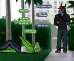 anthro arms_bent baseball_cap bent_legs biped black_clothing black_topwear bottomwear building cellphone clothed clothing color_coded color_coded_speech_bubble dialogue duo electronics extended_arms footwear frozen fully_clothed grass green_body green_scales green_tail grey_body grey_clothing grey_topwear hand_in_pocket hat headgear headwear holding_cellphone holding_object holding_phone hoodie horn looking_at_another lying male name_drop name_in_dialogue on_back on_ground outside palm_tree pants phone plant planted_legs plantigrade pockets public raised_arm red_clothing red_hat red_headwear scales shirt shoes speech_bubble standing straight_legs stuck tail tank_top text topwear tree bgn mythology dante_(bgn) gary_(bgn) chameleon dragon iguana iguanid lizard mythological_creature mythological_scalie reptile scalie english_text signature