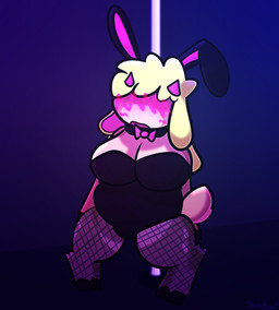 anthro blush bow_tie bunny_costume clothing collar costume female fishnet_clothing fishnet_legwear hooves legwear party pole solo stripper_pole viabird shyla_goat bovid caprine goat mammal hi_res