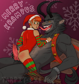 abs animal_genitalia animal_penis anthro areola arm_warmers armwear bell biped blush bodily_fluids body_blush butt butt_blush butt_grab canine_genitalia canine_penis claws clothed clothed_humanoid clothed_male clothing cowgirl_position dripping duo erection eyes_mostly_closed face_lick femboy finger_claws fingers from_front_position fur genitals green_eyes grey_body grey_fur hair hand_on_butt hand_on_chest harness holidays horn humanoid_hands humanoid_on_anthro imminent_anal interspecies knot knotted_penis leotard licking male male/male medium_hair mostly_nude_anthro mostly_nude_male muscular muscular_anthro muscular_male narrowed_eyes nervous nipples on_bottom on_top open_mouth open_smile orange_hair pecs penis red_clothing red_eyes red_leotard saliva saliva_drip saliva_string scratches sex sharp_teeth sitting_on_another smile stick straddling teeth text tongue tongue_out vein veiny_penis yellow_sclera shy_waterlilies christmas krampus bovid caprine caprine_demon demon elf goat_demon humanoid mammal 2022 artist_name english_text hi_res