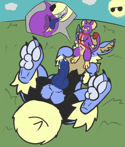 3_toes anal animal_genitalia animal_penis anus balls big_balls blue_body blue_eyes blue_fur bodily_fluids canine_genitalia canine_penis claws close-up duo eyewear feet feral fur genital_fluids genitals grass happy knot male male/male markings oral pawpads penis plant precum purple_body purple_fur rimming sex sitting_on_another size_difference sun sunglasses teeth toe_claws toes tongue tongue_out moonbat nintendo pokemon larry_the_rattata_(moonbat) steele_wheelie_(character) arcanine generation_1_pokemon pokemon_(species) rattata