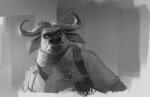 anthro badge clothed clothing gun handgun holster horn male pistol ranged_weapon solo weapon monoflax disney zootopia chief_bogo bovid bovine cape_buffalo mammal 2018 greyscale hi_res monochrome