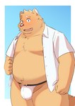 2024 absurd_res anthro belly blush bulge canid canine canis clothed clothing domestic_dog hi_res kemono male mammal moobs nipples open_clothing open_mouth open_shirt open_topwear overweight overweight_male penguin0700 shirt simple_background solo topwear underwear