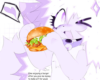 4_ears accessory anthro bell bodily_fluids burger collar fangs female fluffy fluffy_tail food hair_accessory hairpin happy heart_symbol multi_ear open_mouth paws purple_body purple_eyes ring saliva simple_background solo star tail teeth text waylet wayletuwu mcdonald's waylet_(wayletuwu) domestic_cat felid feline felis mammal detailed english_text hi_res