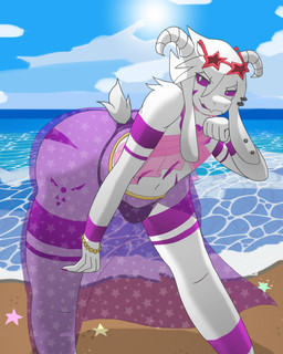 anthro beach big_butt bracelet bulge butt clothing eyewear femboy fingernails fur horn jewelry looking_at_viewer male markings nails piercing pupils purple_sclera smile smirk solo sunglasses swimwear tail water white_body white_fur white_pupils aeltrix undertale undertale_(series) asriel_dreemurr asriel_dreemurr_(god_form) bovid caprine goat mammal 4:5 hi_res
