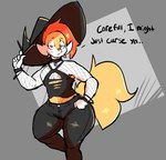 anthro bottomwear bracelet clothed clothing crossdressing denim denim_bottomwear denim_clothing dialogue femboy hat headgear headwear jeans jewelry male pants red_eyes solo tail text thick_thighs wide_hips witch_hat pokebraix nintendo pokemon lucas_(pokebraix) braixen generation_6_pokemon pokemon_(species) english_text