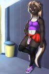 anthro biped black_body black_fur bottomwear casual_chastity chastity_cage chastity_device clothed clothing cross crossdressing dress femboy footwear fur legwear lock male padlock pink_chastity_cage shoes skirt solo stockings xnanchox ikana mammal mustelid otter hi_res