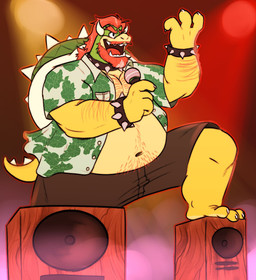 anthro arm_hair barefoot beard belly bent_leg big_belly body_hair bottomwear bracelet chest_hair claws clothed clothing collar electronics eyebrows facial_hair feet fusion hair hairy happy_trail holding_microphone holding_object horn jewelry male microphone moobs navel open_clothing open_mouth open_shirt open_smile open_topwear overweight overweight_anthro overweight_male pubes red_hair shell shirt shorts simple_background singing smile solo speaker spiked_bracelet spiked_collar spiked_shell spiked_tail spikes spikes_(anatomy) spotlight standing tail teeth tongue topwear gnarlybastard mario_bros nintendo tenacious_d bowser jack_black koopa scalie 2021 hi_res