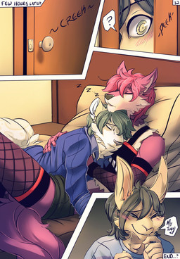 ambiguous_gender anthro bed bedding bedroom big_tail blush clothed clothing duo fishnet_clothing fluffy fluffy_tail fur furniture grey_body grey_fur grey_hair hair heart_symbol legwear leopard_spots male multicolored_body multicolored_fur pillow pink_body pink_fur pink_hair shirt short_hair sleeping smile spots stockings tail text topwear tuft two_tone_body two_tone_fur underwear white_body white_fur tanks_(artist) beta_behave adrian_(firewolf) c-jen novus canid canine canis felid hare lagomorph leopard leporid mammal pantherine rabbit snow_leopard wolf 2016 comic english_text hi_res multiple_scenes