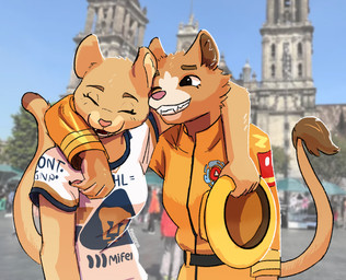 anthro armor clothed clothing duo eyes_closed female female/female firefighter firefighter_helmet fur headgear helmet hug mascot one_eye_closed smile smiling_at_another smiling_at_partner soccer_jersey soccer_uniform sportswear tail topwear uniform pimientanas club_universidad_nacional liga_mx evita_fuegos goya_(pumas_unam) cougar felid feline lion mammal pantherine