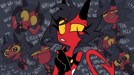black_hair blush covering covering_mouth eyebrows female hair horn long_tail raised_eyebrow red_body red_skin smile solo spade_tail tail text thoughts watery_eyes yellow_eyes emositecc hellaverse helluva_boss millie_(helluva_boss) demon demon_humanoid humanoid imp 16:9 english_text hi_res widescreen
