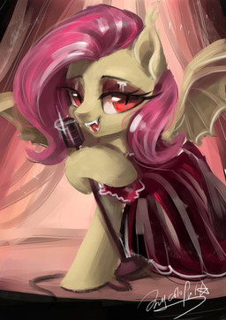alternate_species ball_gown bat_wings clothed clothed_feral clothing curtains dress electronics eyebrows eyelashes eyeshadow fangs female feral fully_clothed fully_clothed_feral hair half-closed_eyes hooves inside long_dress looking_at_viewer makeup mascara membrane_(anatomy) membranous_wings microphone narrowed_eyes open_mouth open_smile pink_hair pupils red_eyes singing slit_pupils smile solo stage standing teeth tongue wings oofycolorful friendship_is_magic hasbro my_little_pony flutterbat_(mlp) fluttershy_(mlp) bat_pony equid mammal 2018 absurd_res hi_res portrait signature