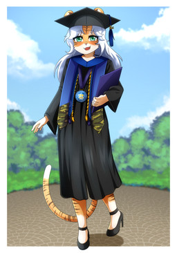 anthro biped black_clothing black_footwear black_high_heels black_robe clothed clothing countershade_face countershade_torso countershading day female footwear front_view fur graduation_cap graduation_robe hair high_heels holding_object long_hair outside robe shoes solo standing tan_body tan_fur white_body white_countershading white_fur white_hair gi0 bhavani_(celestialjade) felid mammal pantherine tiger 2026 absurd_res hi_res