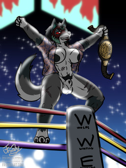 anthro balls big_breasts breasts championship_belt crowd fighting_ring genitals green_body grey_body group gynomorph intersex lipstick lit_from_behind lucha_libre_mask luchador makeup mask muscular muscular_gynomorph muscular_intersex pose red_sclera scar solo sports_mask sportswear text wearing_mask white_body white_eyes wrestler wrestling wrestling_mask frooby canid canine canis mammal wolf 3:4 absurd_res english_text hi_res