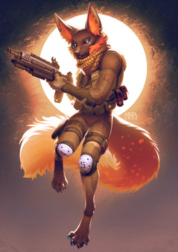 ambiguous_gender anthro big_ears black_claws black_sclera blue_eyes blue_markings blue_pawpads bottomwear brown_body brown_bottomwear brown_clothing brown_fur brown_pants brown_topwear cheek_tuft claws clothed clothing facial_markings facial_tuft front_view fur head_markings inner_ear_fluff looking_at_viewer markings multicolored_eyes orange_inner_ear_fluff pants pawpads red_eyes simple_background solo text topwear tuft two_tone_eyes weapon azuza canid mammal 2022 absurd_res artist_name dated full-length_portrait hi_res portrait