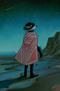 ambiguous_gender anthro black_nose bottomwear cloth clothed clothing cowboy dark desert footwear fur gloves grey_body grey_ears grey_fur handwear hat headgear headwear looking_at_viewer mouth_closed night pants rear_view sand shadow shoes shooting_star sky snout solo standing star qende canid canine mammal 2022 digital_media_(artwork) hi_res shaded
