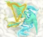 anthro anthrofied clothing cloud dress feathered_wings feathers female glowing gold_(metal) green_hair hair harp horn jewelry levitation magic multicolored_hair musical_instrument playing_music plucked_string_instrument solo sparkles string_instrument two_tone_hair white_hair wings yellow_eyes misukitty friendship_is_magic hasbro my_little_pony mythology lyra_heartstrings_(mlp) equid equine mammal mythological_creature mythological_equine winged_unicorn 2013