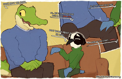 anthro anthro_on_anthro beak blush clothed clothing dialogue feathers fully_clothed furniture green_body hand_on_leg hand_on_thigh imminent_sex male male/male male_anthro nervous nervous_smile on_sofa open_mouth scales simple_background sitting sofa speech_bubble text touching_knee touching_leg touching_thigh notsafeforwanking avian bird black-and-white_warbler crocodile crocodilian oscine passerine reptile scalie warbler english_text hi_res
