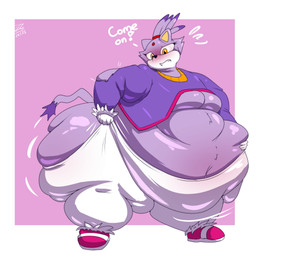 accessory anthro belly belly_grab belly_overhang belly_squish big_belly big_butt blush border bottomwear bottomwear_pull breasts butt clothing clothing_pull coat dialogue eyelashes female footwear forehead_gem gem gloves hair hair_accessory hairband hand_on_belly hand_on_own_belly handwear huge_belly huge_butt huge_thighs hyper hyper_belly hyper_butt hyper_thighs looking_down looking_down_at_self morbidly_obese morbidly_obese_anthro morbidly_obese_female motion_lines obese obese_anthro obese_female orange_eyes overweight overweight_anthro overweight_female pants pants_pull pink_background pink_clothing pink_footwear pink_shoes purple_body purple_clothing purple_coat purple_ears purple_hair purple_tail purple_tailcoat purple_topwear red_gem red_hairband shoes simple_background solo squish struggling tail tailcoat tan_inner_ear teeth text thick_thighs three-quarter_view tight_clothing topwear torn_clothing torn_topwear white_border white_bottomwear white_clothing white_gloves white_handwear white_pants shysho sega sonic_the_hedgehog_(series) blaze_the_cat domestic_cat felid feline felis mammal 2023 absurd_res cel_shading colored dated digital_media_(artwork) english_text hi_res shaded signature