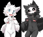 anthro biped black_body black_fur blue_eyes blush daww duo fluffy fur latex male male_anthro mask pawpads paws pink_pawpads semi-anthro white_body white_fur eigetsu changed_(video_game) lin_(changed) puro_(changed) canid canine goo_creature mammal monster digital_media_(artwork)