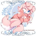 abstract_background anthro black_bottomwear black_clothing black_shorts blue_eyes blush bottomwear clothed clothing fur hair jacket kemono long_hair one_eye_closed pawpads pink_body pink_clothing pink_fur pink_hair pink_jacket pink_topwear shorts smile solo text topwear chikorita_moon canid canine mammal 1:1 2019 english_text hi_res