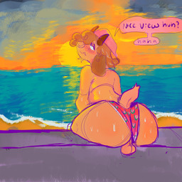anthro backsack backwards_baseball_cap backwards_hat balls baseball_cap beach bedroom_eyes brown_hair butt chin_tuft clothing clothing_aside curved_horn dialogue facial_tuft floppy_ears fur genitals hair half-closed_eyes hat headgear headwear horn male narrowed_eyes open_mouth open_smile orange_body orange_fur seaside seductive smile solo speech_bubble sunset swimming_trunks swimwear swimwear_aside text thick_thighs tuft wet wet_body wet_fur wide_hips boyclussy bovid caprine goat mammal 1:1 absurd_res english_text hi_res