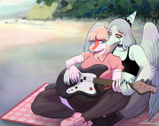 5_fingers anthro bass_guitar beach beach_towel black_clothing black_legwear black_stockings blonde_hair boots bottomwear bra butch/femme canon_couple clothed clothing collar detailed_background duo eyewear facial_markings feathered_wings feathers female female/female fingers footwear glasses green_eyes grey_hair guitar hair head_markings legwear long_hair markings musical_instrument on_lap orange_eyes pink_clothing pink_shirt pink_topwear playing_guitar playing_music plucked_string_instrument romantic romantic_couple sand scene_parody seaside shirt shoes short_sleeves sitting sitting_on_another sitting_on_lap skirt sky smile snout spiked_hairband stockings string_instrument tomboy topwear towel underwear wings deadassspider goodbye_volcano_high ko_op_(game_developer) fang_(gvh) naomi_(gvh) dinosaur hadrosaurid ornithischian ornithopod parasaurolophus prehistoric_species pterosaur reptile scalie 2023 absurd_res digital_media_(artwork) hi_res nonbinary_(lore)