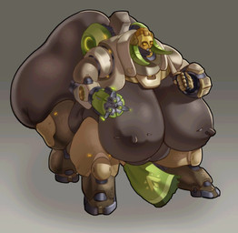 areola armor belly big_breasts big_butt breasts butt dark_body female gun horn huge_breasts huge_butt huge_hips huge_thighs hyper hyper_breasts hyper_butt machine metal metallic_body nipples overweight overweight_female overweight_taur ranged_weapon solo thick_thighs weapon wide_hips cousindoodles blizzard_entertainment overwatch orisa_(overwatch) omnic robot taur