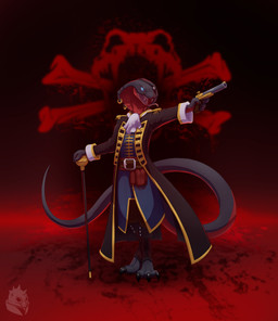 3_toes anthro belt black_body blue_eyes bone cane cape claws clothed clothing coat digitigrade fangs feet fingers footwear gun handgun handwear holding_object holding_weapon male open_mouth piercing pirate pistol ranged_weapon red_body ring_piercing scales simple_background skull smoke solo standing teeth toe_claws toeless_footwear toes tongue topwear weapon raubr1tter cobra reptile scalie snake absurd_res hi_res red_theme