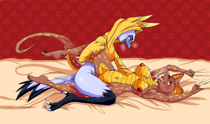 ambiguous_penetration animal_costume anthro arms_above_head arms_bent avian_feet beak bedding bent_arm bent_legs bird_legs blush breasts breath claws clothing costume dressed_up duo extended_arm feathers feet female female_penetrated fox_costume grabbing_bedding grabbing_object grabbing_sheets hand_on_knee hand_on_leg hand_on_thigh hands_above_head knee_grab leg_grab long_tongue looking_pleasured lying male male/female male_penetrating male_penetrating_female markings nipples non-mammal_breasts non-mammal_nipples nude one_leg_up panting penetration plantar_flexion raised_arms raised_hand raised_leg raised_leg_grab scales sex spots spotted_body straddling tail talons thigh_grab toes tongue yellow_body yellow_scales kaylla amelia_cobra wally_wingsy accipitriform avian bird cobra reptile scalie secretary_bird snake