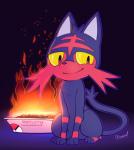 ambiguous_gender black_body black_fur feral fire fur grin litter_box red_body red_eyes red_fur simple_background sitting smile solo yellow_sclera dawmino nintendo pokemon felid generation_7_pokemon litten mammal pokemon_(species) 2016 digital_media_(artwork) hi_res