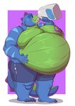 5_fingers 5_toes alistair_(hugefatfat) anthro belly beverage big_belly bloated blue_body blue_bottomwear blue_clothing blue_shorts bottomwear chugging claws clothing cream_(food) darksidesf dinosaur drinking drinking_milk fangs feet fingers green_belly hand_on_belly hi_res holding_beverage holding_jug holding_object male moobs obese obese_anthro obese_male overweight overweight_anthro overweight_male prehistoric_species reptile scalie sequence shadow shorts solo standing striped_arms teeth thick_thighs toes torn_bottomwear torn_clothing torn_shorts weight_gain