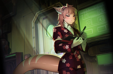 anthro cherry_blossom cherry_blossom_print clipboard clothing detailed_background door femboy flower futuristic hallway looking_at_object looking_down looking_down_at_object male multicolored_body necktie pink_body plant prunus_(flower) research science_fiction screen smile smooth_skin smug solo spotlight suit suit_jacket tail thick_tail two_tone_body working writing_text clawiope lobotomy_corporation project_moon aquatic fish shark absurd_res hi_res