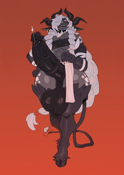 anthro balls big_balls big_penis biped bodily_fluids breasts clothed clothing genital_fluids genitals glistening glistening_balls glistening_genitalia glistening_penis gynomorph hair huge_balls huge_penis huge_thighs hyper hyper_balls hyper_genitalia hyper_penis hyper_thighs intersex open_mouth penis piercing precum simple_background small_waist smile solo standing tail thick_thighs vein veiny_penis nanokindred bovid caprine goat mammal hi_res