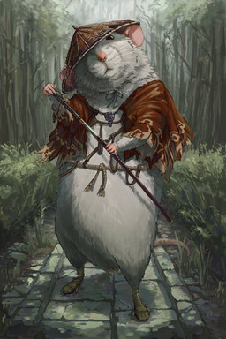 anthro biped black_eyes clothed clothing detailed_background hat headgear headwear humanoid_hands outside pink_nose plant solo tree unsigned weapon nejumipro mammal murid murine rat rodent 2022 hi_res