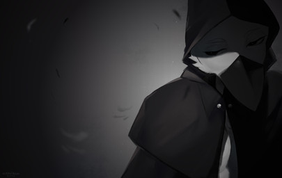 anthro beak black_body black_clothing black_eyes black_sclera cape cheek_tuft cloak clothed clothing eyebrows eyes_closed facial_tuft feathers gradient_background grey_background hood looking_at_viewer male mask multicolored_body narrowed_eyes simple_background solo standing text topwear tuft white_body white_feathers horenaosu layvan avian bird picid woodpecker 2024 absurd_res artist_name black_and_white digital_media_(artwork) greyscale half-length_portrait hi_res monochrome portrait shaded signature wallpaper widescreen