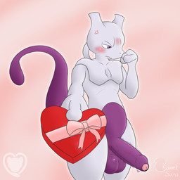 anthro averting_eyes balls becoming_erect big_balls big_penis blush blushing_profusely box_of_chocolates candy chocolate cross-popping_vein dessert embarrassed erection food foreskin genitals gift half-erect holidays humanoid_genitalia humanoid_penis male nervous penis purple_body purple_eyes simple_background solo tail tremble_spikes vein veiny_penis white_body kamek_sans nintendo pokemon valentine's_day generation_1_pokemon legendary_pokemon mewtwo pokemon_(species) 1:1 hi_res signature