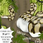 1:1 2017 abdominal_bulge ambiguous_gender brown_body brown_scales comic detailed_background digital_media_(artwork) ellipsis end_page english_text exclamation_point feral forest jungle muffled multicolored_body multicolored_scales offscreen_character oral_vore orange_eyes outside plant relaxing reptile scales scalie signature size_difference snake soft_vore solo tan_body tan_scales text the_end tree vellum vines vore vowelless vowelless_vocalization white_body white_scales yellow_body yellow_scales