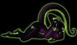 absurd_res areola big_breasts black_background breasts cobra dark_theme female glowing glowing_markings goldmikun green_eyes green_glow green_outline green_theme hi_res long_tail looking_at_viewer lounging lying markings nipples non-mammal_breasts nude outline purple_body purple_scales qhala reptile scales scalie simple_background snake solo tail