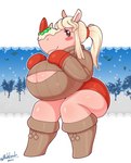 anthro big_breasts blush blush_stickers boots breasts cleavage cleavage_cutout clothed clothing cutout female footwear hair handwear huge_breasts looking_at_viewer mittens ponytail shoes snow solo sweater thick_thighs topwear mehdrawings animal_crossing nintendo merengue_(animal_crossing) mammal rhinoceros absurd_res hi_res