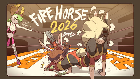 anthro between_legs black_body black_eyes black_fur breasts butt cleavage clothed clothing competition eyebrows female female/female fighting_ring flat_chested fur group head_between_thighs headscissor heart_eyes heart_symbol looking_at_viewer sexual_competition sexual_fight small_breasts tail tapping_out text thick_eyebrows tokyo_joshi_pro_wrestling trio white_body white_fur white_snout wrestling diives chinese_zodiac year_of_the_horse bovid caprine equid equine goat horse lagomorph leporid mammal rabbit 16:9 2026 english_text hi_res widescreen