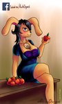 anthro apple black_eyes black_hair black_nose blush breasts brown_body brown_fur chest_tuft cleavage clothed clothing crossed_legs dress ears_down eyewear female food fruit fur furniture glasses hair holding_food holding_object long_ears long_hair on_table pivoted_ears plant simple_background sitting sitting_on_table solo table teacher tuft alexa_dragon janice_flynn lagomorph leporid mammal rabbit 2017 3:5 signature