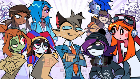anthro clothed clothing dark_body dark_skin female fool's_hat group hat headgear headwear machine male necktie screen screen_face the_enigmaverse glitch_productions knights_of_guinevere lackadaisy meta_runner murder_drones smg4 sunset_paradise the_amazing_digital_circus the_gaslight_district andrea_(knights_of_guinevere) bug_(glitch_productions) francesca_(knights_of_guinevere) meggy_spletzer melancholy_(the_gaslight_district) pomni_(tadc) princess_guinevere rocky_rickaby tari_(meta_runner) uzi_(murder_drones) domestic_cat felid feline felis human humanoid mammal robot robot_humanoid worker_drone 16:9 crossover distracting_watermark hi_res watermark widescreen